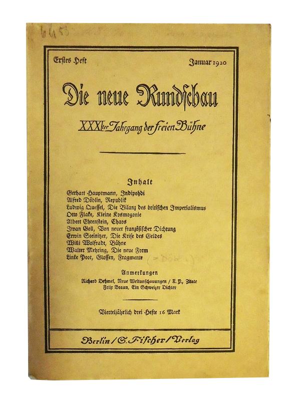 Die neue Rundschau, XXXI. Jahrgang der freien Bühne, Erstes Heft, Januar 1920.
