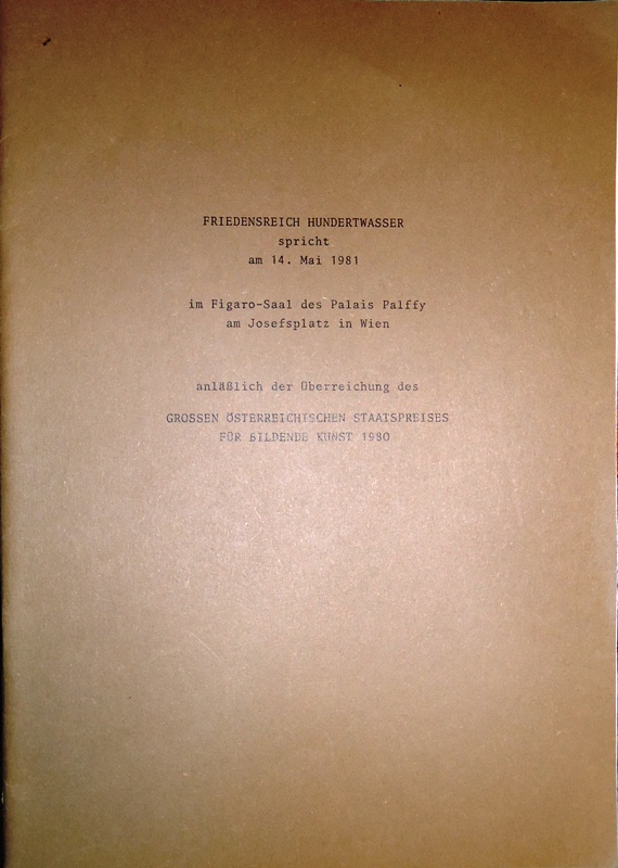 Friedensreich Hundertwasser spricht am 14. Mai 1981 im Figaro-Saal des Palais Palffy am Josefsplatz in Wien anläßlich der Überreichung des großen österr. Staatspreises für bildende Kunst 1980.