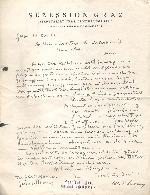 Eigenhändig unterschriebener Brief von Wilhelm Thöny an den Österreichischen Künstlerbund 22. XII. 1925.