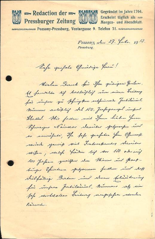 Eigenhändiger Brief von Carl Angermayer jun., Preßburg, 27. II. 1913.