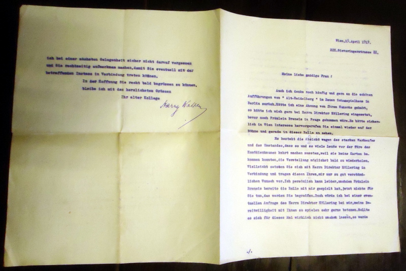Maschinengeschriebener Brief mit eigenhäniger Unterschrift von Harry Walden am 15. VI. 1919.