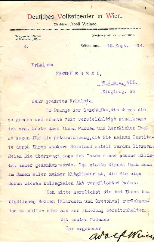 Maschinengeschr. Brief an Käthe Ehren mit Unterschrift vom 15. IX. 1914.