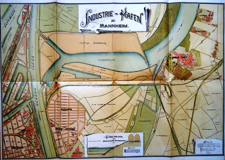 Farblithographierte Karte des Industrie-Hafen Mannheim. Stand vom Jahre 1898. Maßstab 1:5000. Städtisches Tiefbauamt Mannheim.