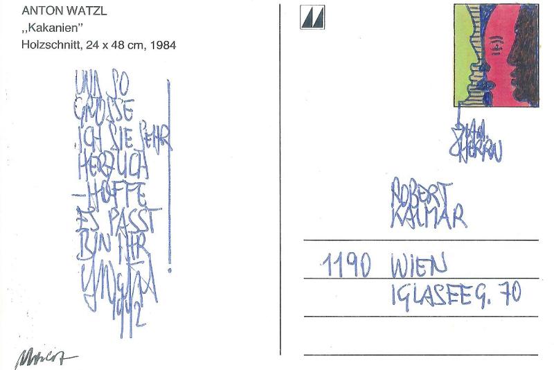 Künstlerisch gestaltete und eigenhändig beschriebene Postkarte.