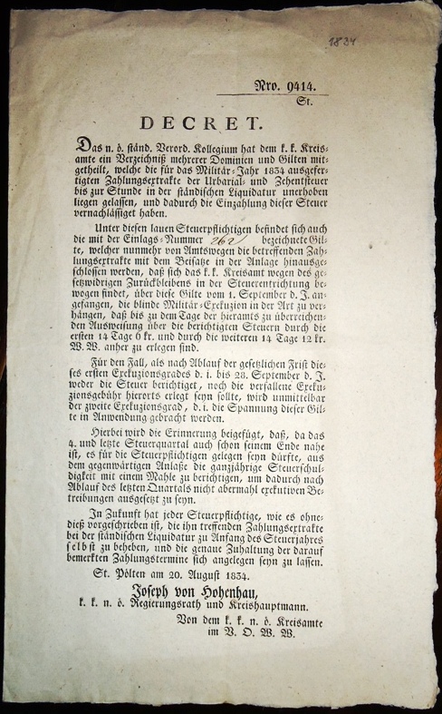 Decret Nro 9414. St. Pölten am 20.8.1834 zur Steuerpflicht.