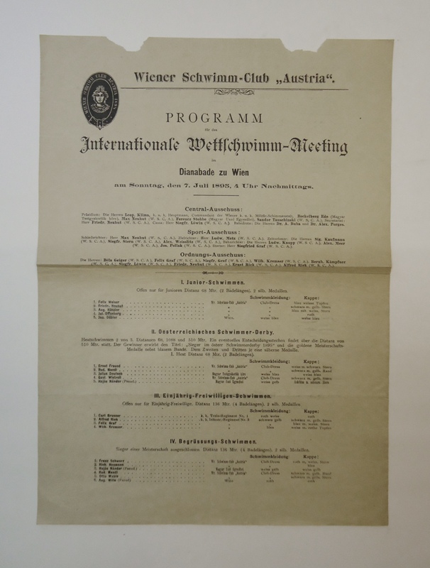 Plakat / Programm für das Internationale Wettschwimm-Meeting im Dianabade zu Wien am Sonntag, den 7. Juli 1895.