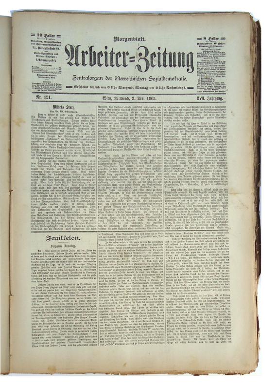 Arbeiter-Zeitung. Zentralorgan der österreichischen Sozialdemokratie. Morgenblatt. 1377 Hefte der Jahrgänge XIII bis XXVI (1901-1914). Gebunden in 17 Bänden auf je 5 Bünden, ohne Einbände.